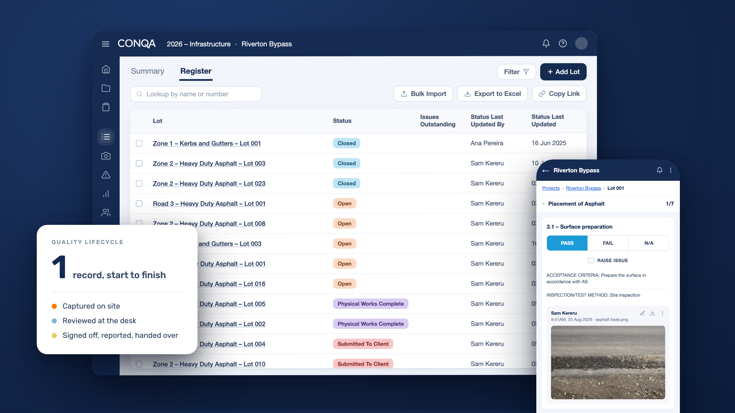 One CONQA record on desktop and phone – the same lot, start to finish