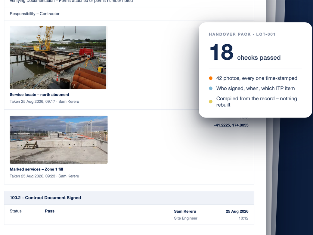 A QA report page with photos and sign-offs, and the handover pack summary: 18 checks passed.