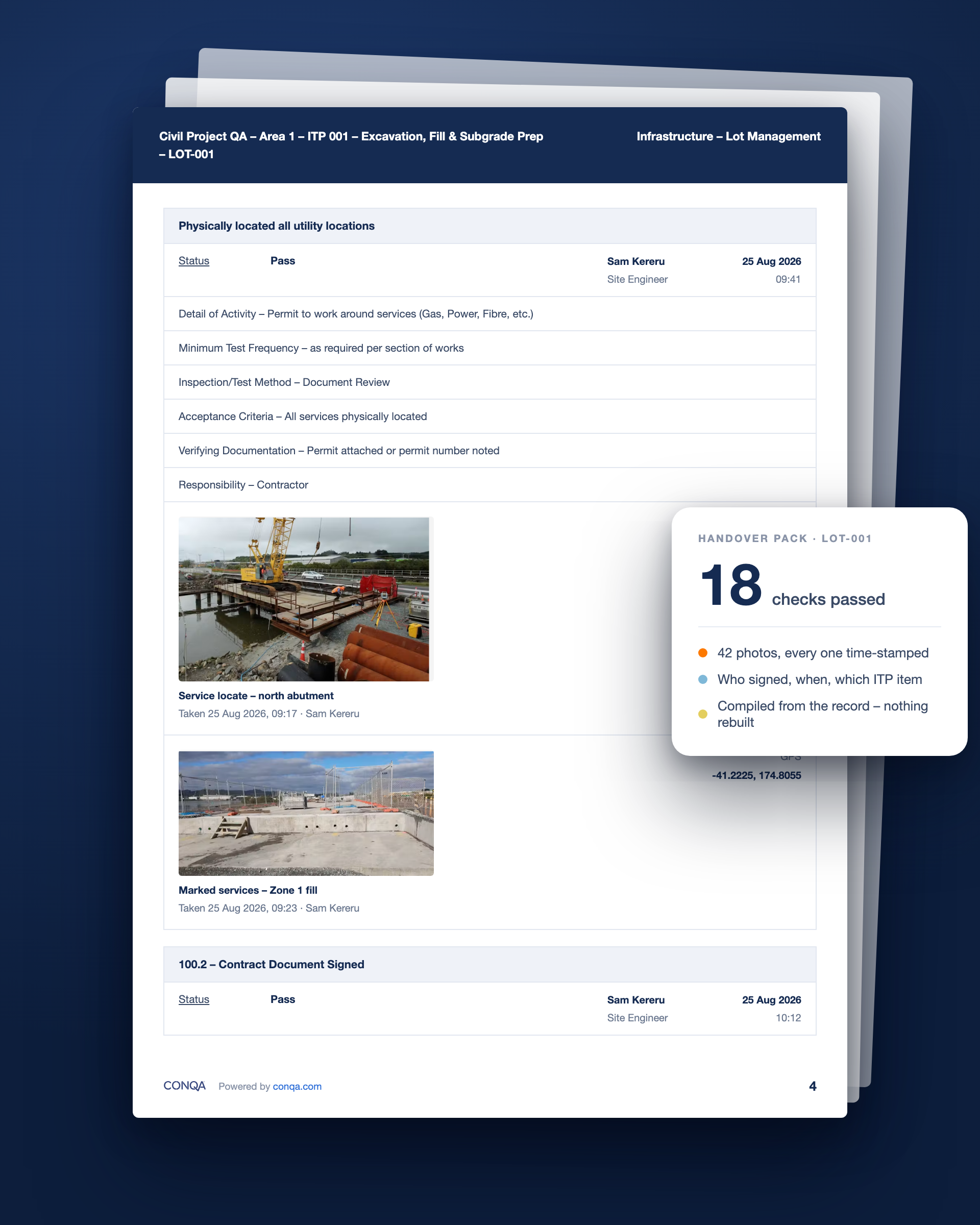 A QA report page: checks marked Pass with who and when, evidence photos time-stamped – the state the unit left the factory in, on the record.