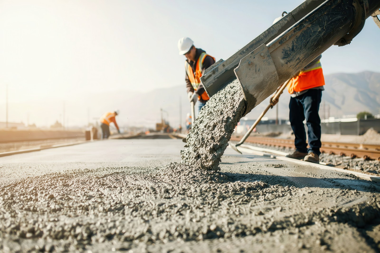 A concrete pour on a civil site – crew placing and screeding a slab from the chute