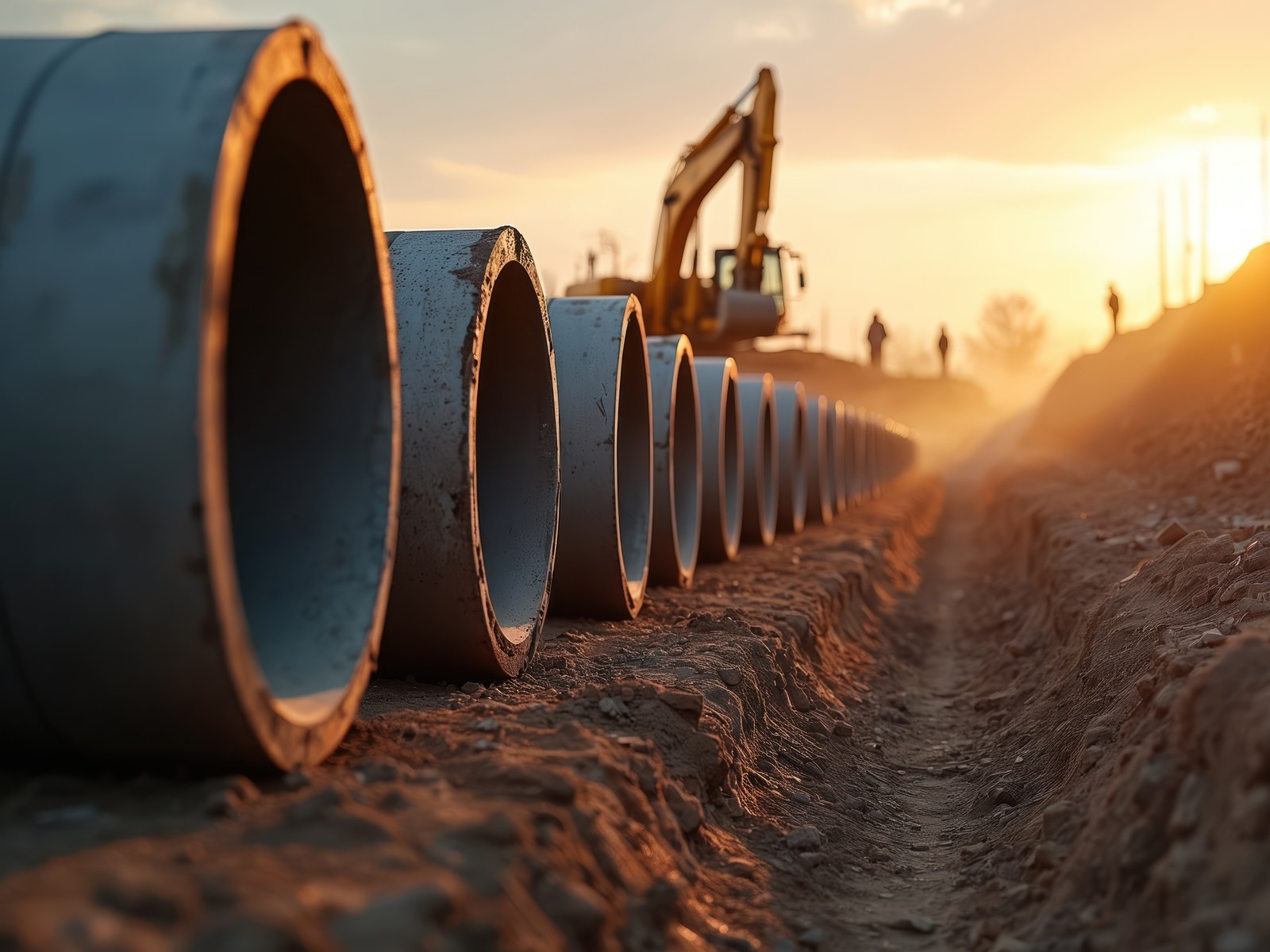 Concrete pipes laid out along an open trench on an earthworks site at sunset