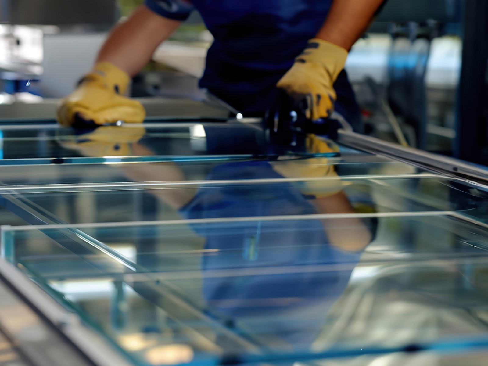 A gloved worker checking sealed glass units on the factory bench.
