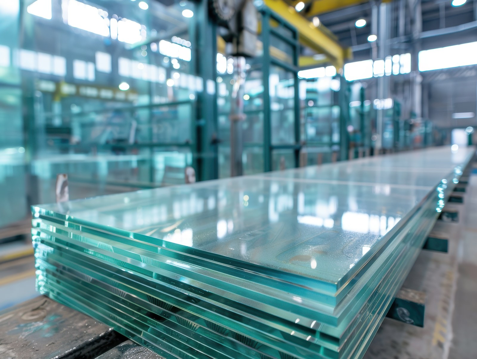 Finished glass units stacked on the factory floor, staged for dispatch