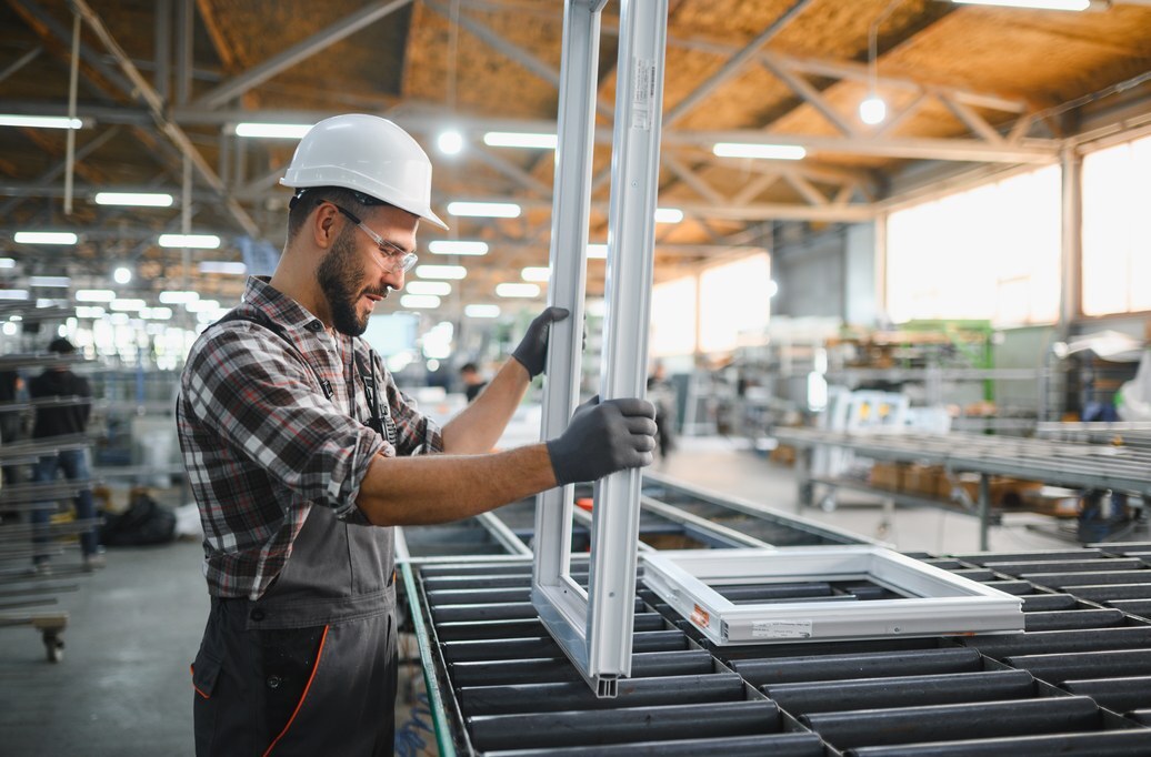 A joiner fitting a window frame on the production line